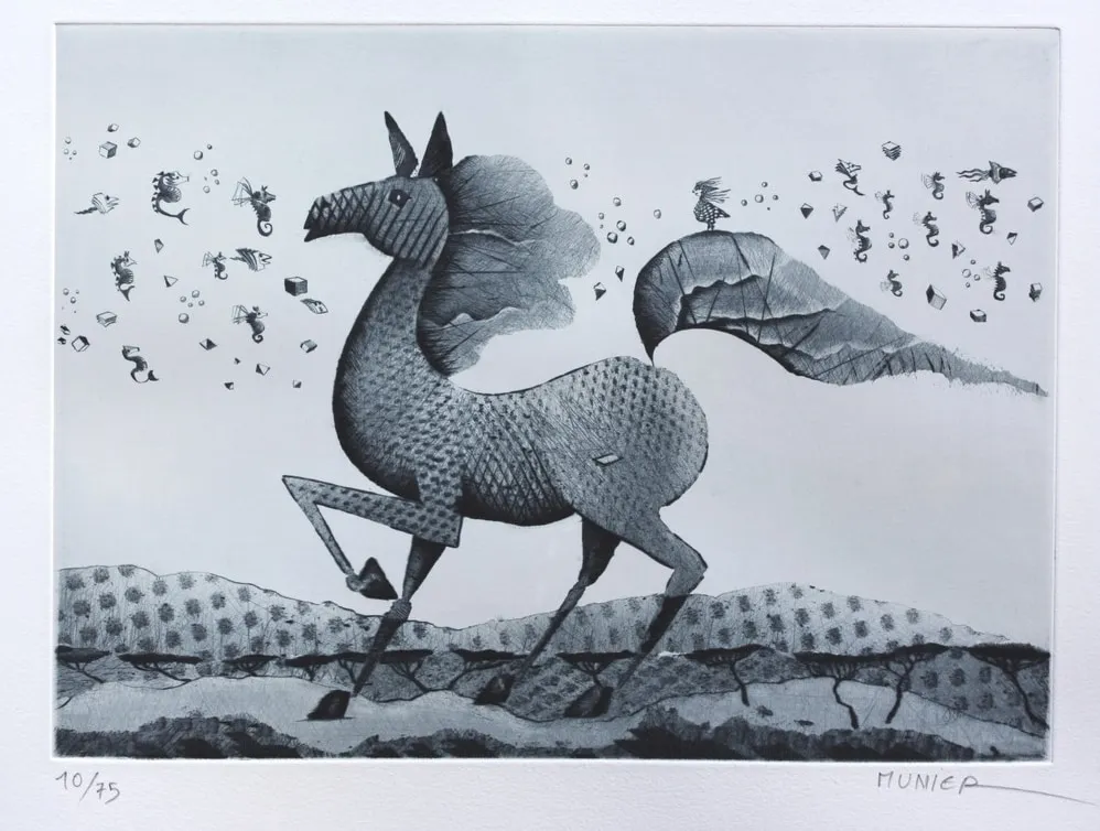 Cheval et ses compagnons, gravure de Jean-Marie Munier