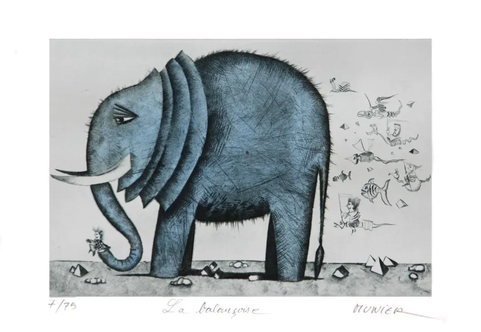 Éléphant bleu, gravure de Jean-Marie Munier