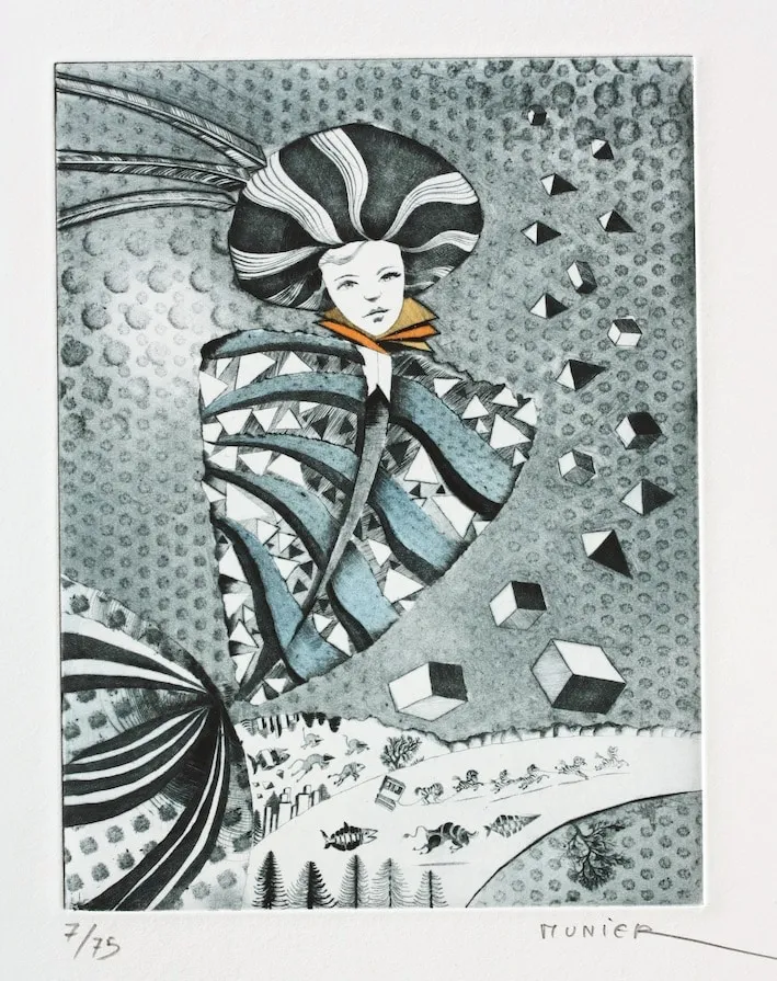 Femme au col orange, gravure de Jean-Marie Munier