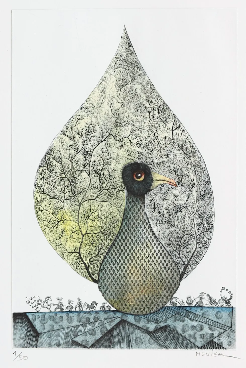 Oiseau paon, gravure de Jean-Marie Munier