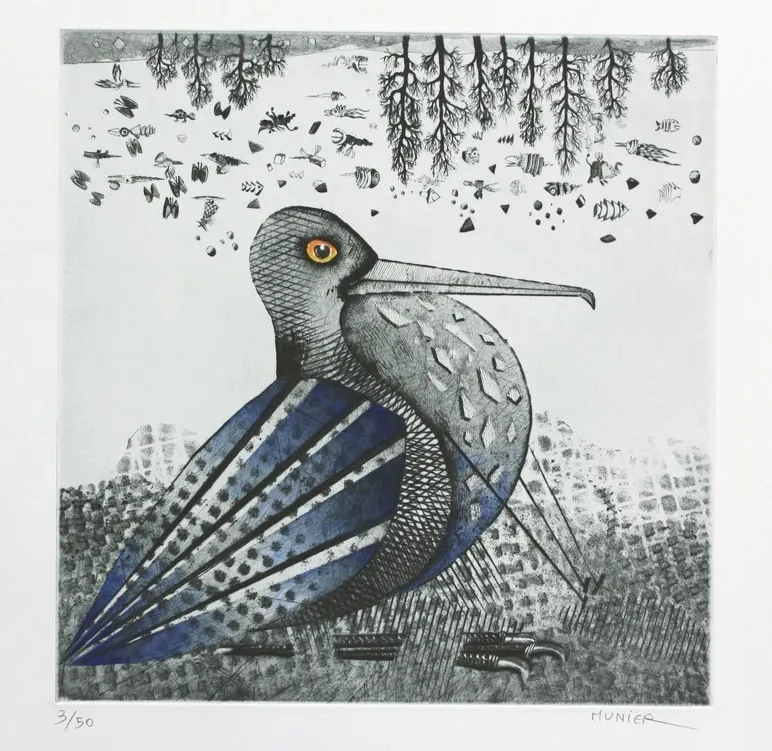 Oiseau tranquille, gravure de Jean-Marie Munier